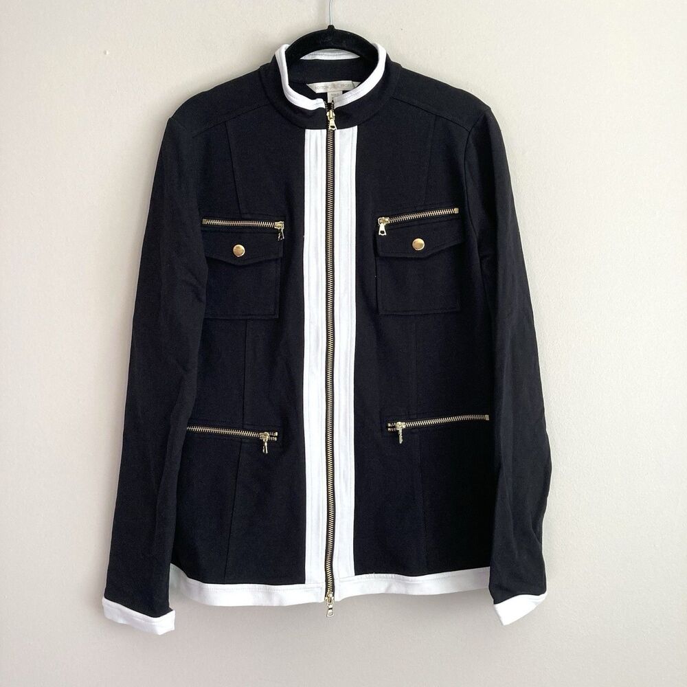 Boston Proper Womens Black White Small Full Zip Fashion Jacket Gold Accents